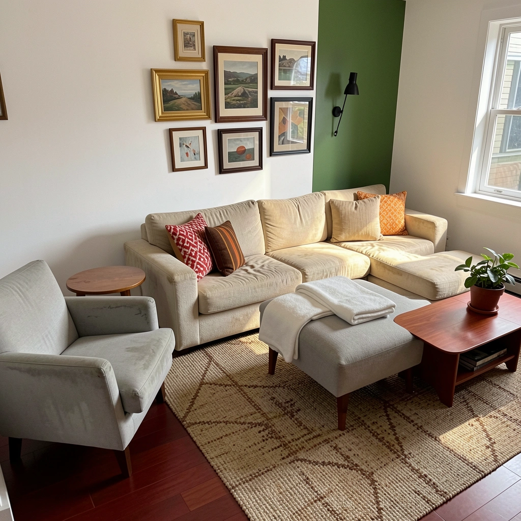 Sala de estar com poltrona de madeira e palha, sofá verde-oliva, luminária de pé e parede com painel de madeira