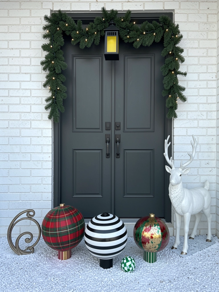 Fachada de casa simples com guirlanda iluminada na porta e pequenas luzes ao longo do telhado.