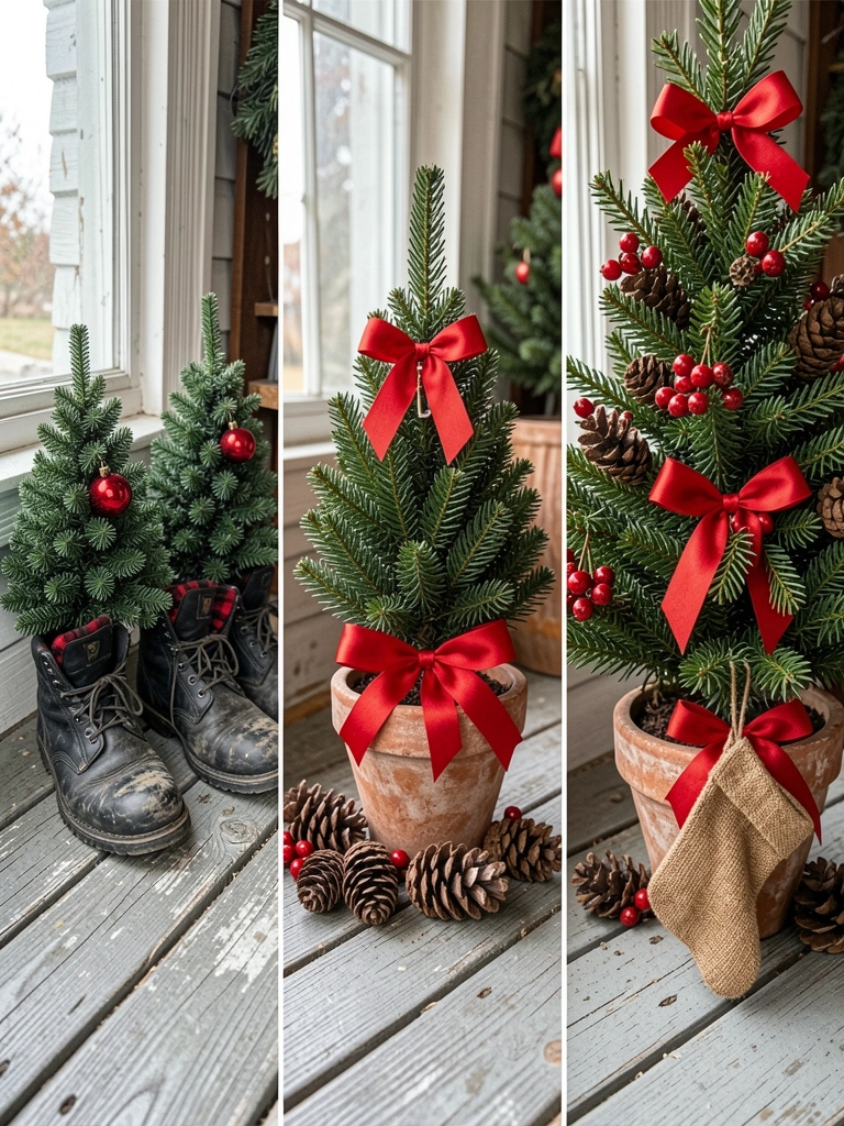 Fachada de casa simples com varanda e telhado de duas águas decorada com pisca-pisca e guirlanda natalina.