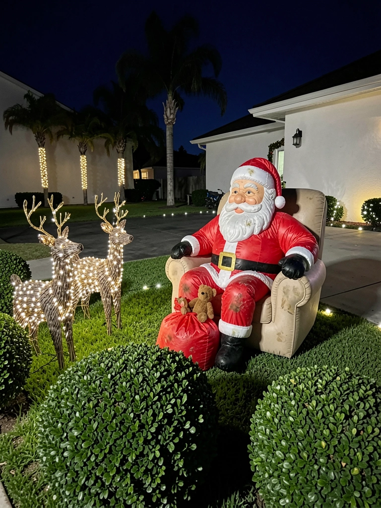 Fachada de casa simples com varanda decorada com luzes de Natal amarelas e pequenos enfeites pendurados.