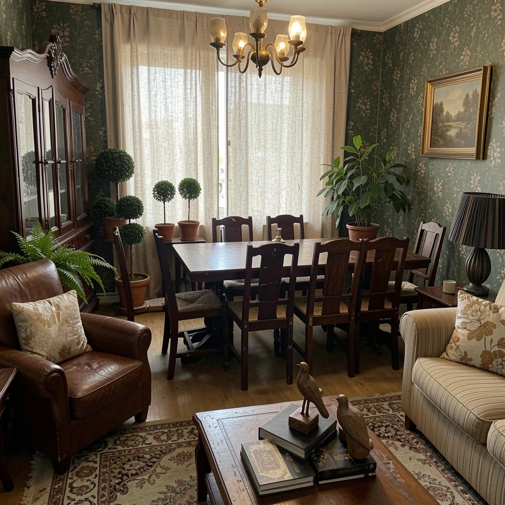 Sala de jantar com mesa de madeira rústica, cadeiras brancas, paredes claras e detalhes em tons neutros