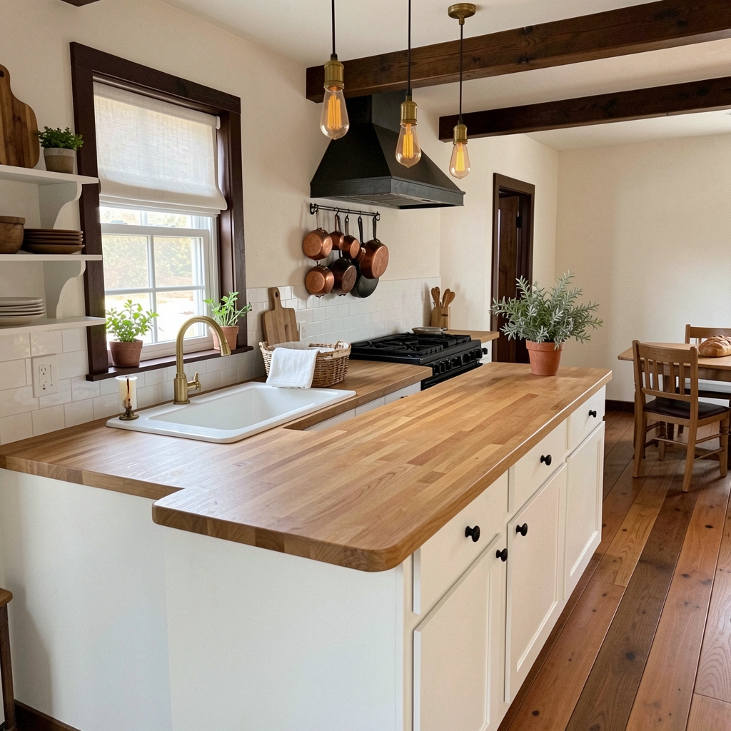 Sala de jantar com mesa de madeira rústica, cadeiras brancas e parede de tábuas horizontais