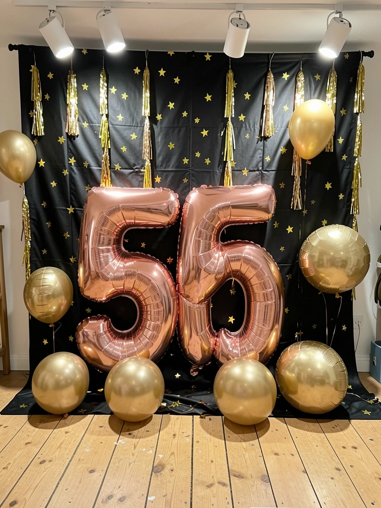 Balões rosé e dourado com o número 50 metalizado ao centro.