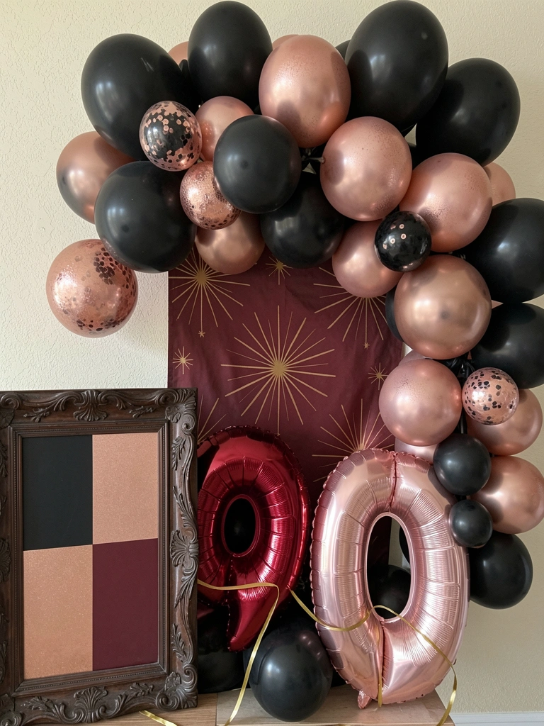 Quadro branco com três amostras de cores em tons de rosa, dourado e branco, dispostas lado a lado.