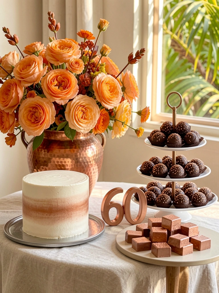 Vaso de cobre ornamentado com rosas laranja e pêssego, bolo com glacê ombré cobre em bandeja de prata, número 60 de cobre sobre toalha de linho clara, luz natural do dia.