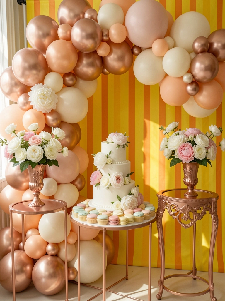 Arco de balões em tons de rosa e champanhe sobre bolo de casamento branco com rosas e peônias, mesa com cupcakes e macarons, vasos vintage com flores e fundo listrado amarelo e laranja.
