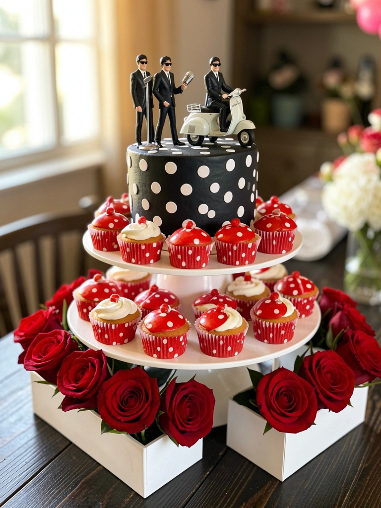 Bolo de bolinhas preto e branco em suporte de três andares, cupcakes vermelhos e brancos, miniaturas dos Beatles e uma Vespa vintage, rosas vermelhas em caixotes, mesa de madeira escura com luz natural.