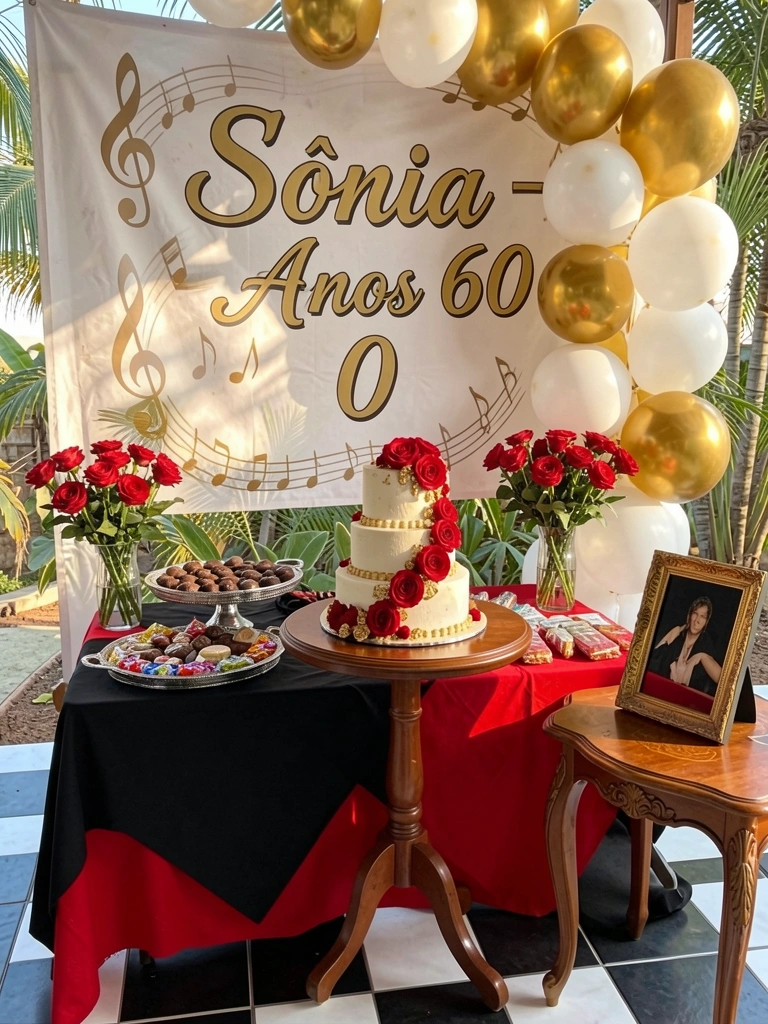 Mesa com bolo decorado com rosas vermelhas e detalhes dourados, bandeja de prata com chocolates e vaso de rosas, luz natural tropical.
