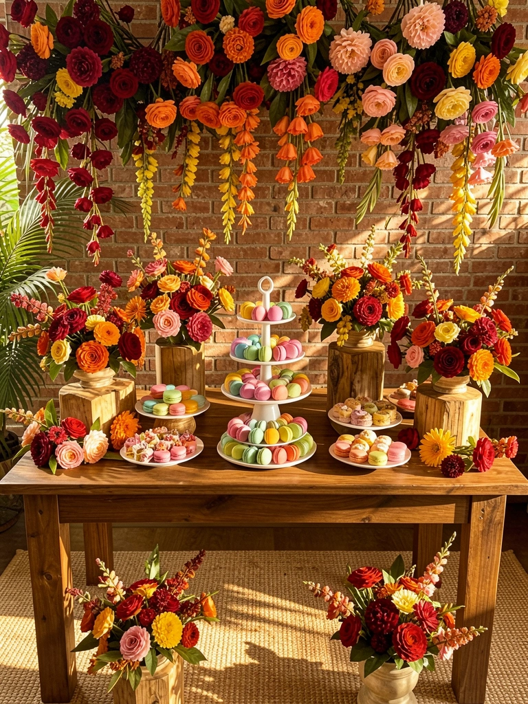 Mesa de madeira com bolo de andares, macarons coloridos e arranjos florais pendurados em parede de tijolos, luz dourada do sol.