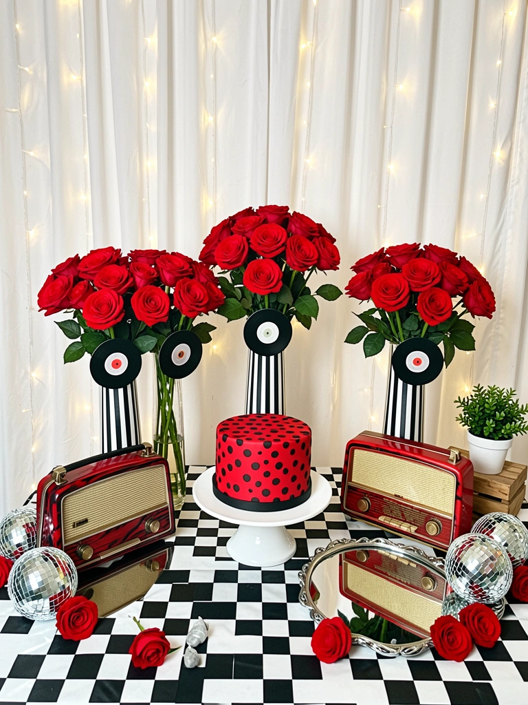 Mesa xadrez preto e branco com vasos altos de rosas vermelhas adornados com discos, bolo listrado e lustre de bolas de discoteca, cortina branca com luzes cintilantes ao fundo.