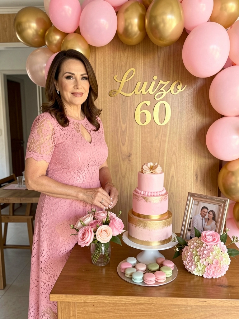 Mesa decorada com bolo de três andares rosa e dourado, macarons pastéis, arranjo de rosas e hortênsias, e moldura com foto de casal; ao lado, mulher madura de vestido rendado rosa; ao fundo, painel de madeira com letreiro 