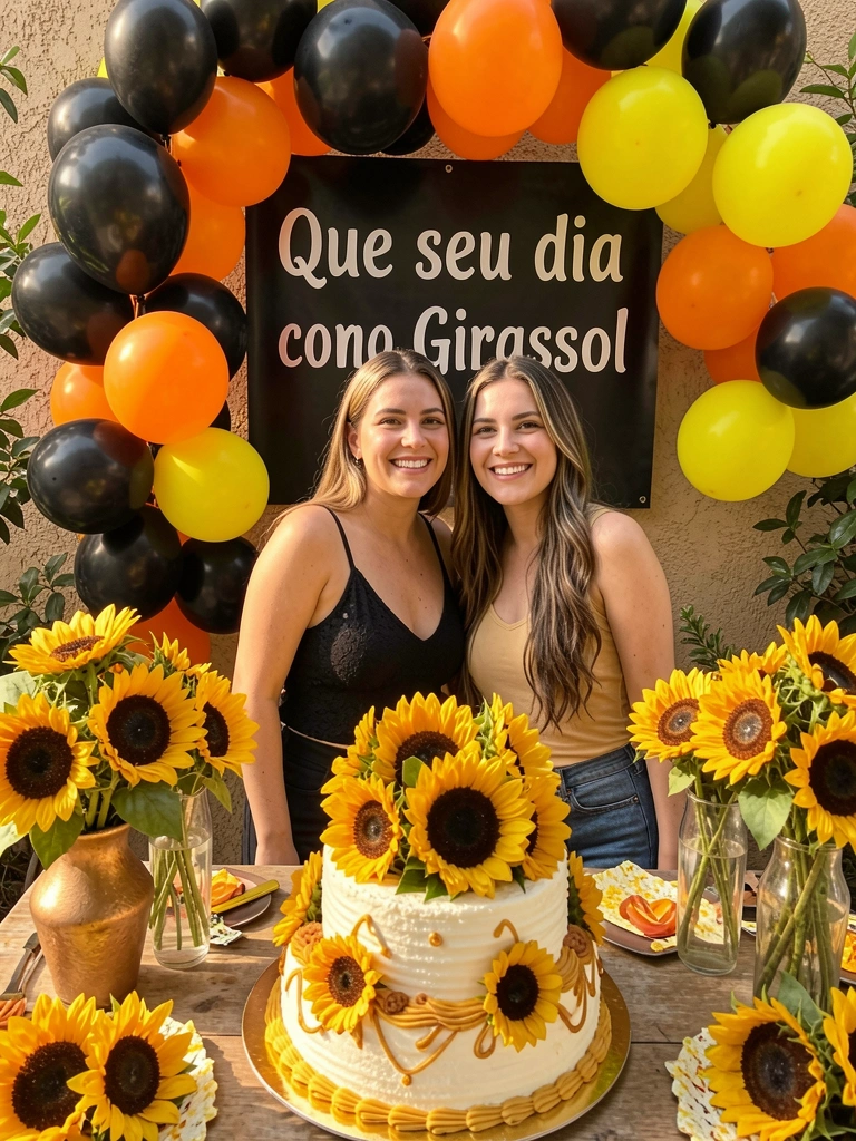 Bolo grande decorado com girassóis, balões pretos, laranjas e amarelos, e faixa preta com texto, sob luz natural, com duas mulheres sorrindo ao fundo.