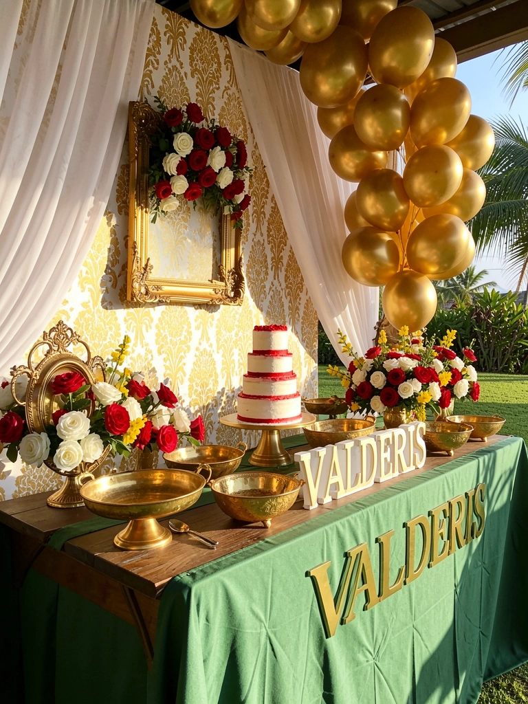 Mesa de madeira com toalha verde, bolo de casamento de andares com glacê vermelho em suporte dourado, balões dourados ao fundo e painel damasco branco e dourado com arranjo de rosas vermelhas.
