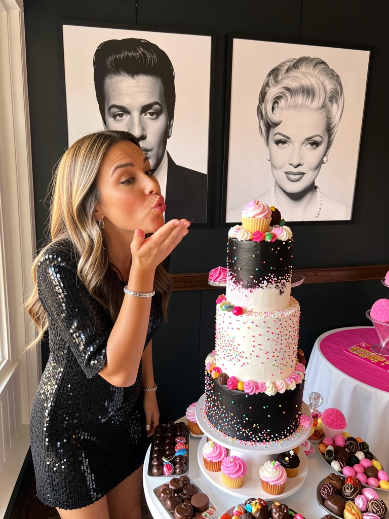 Mulher de vestido preto de lantejoulas sopra beijo para bolo preto e branco com glacê rosa, confeitos coloridos e cupcakes, em suporte de bandejas com chocolates, retratos de Elvis e Audrey Hepburn na parede escura, luz natural.