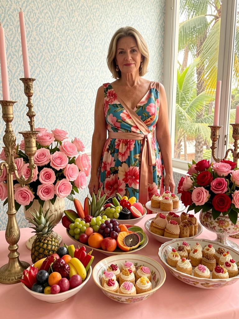 Mesa de sobremesas com flores, frutas e doces decorados, mulher de vestido floral ao fundo, luz natural entrando pela janela.
