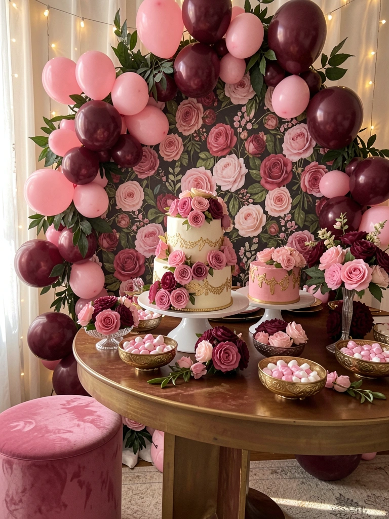 Mesa decorada com arranjos de rosas, balões rosa e marrom, bolo de andares com rosas e detalhes dourados, luz de cordas e otomana rosa à esquerda.
