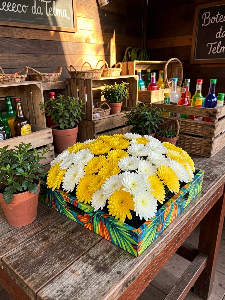Mesa rústica com bandeja tropical de crisântemos amarelos e brancos, vasos verdes e caixotes de madeira, parede escura iluminada por luz dourada.