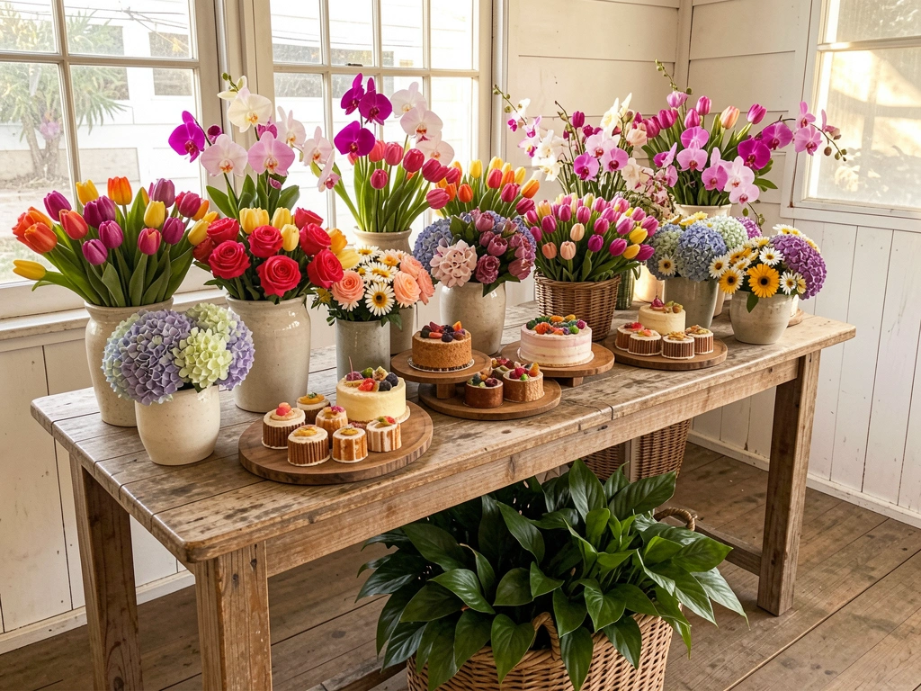 Mesa de madeira rústica com vasos de cerâmica e cestos transbordando de rosas, tulipas e orquídeas coloridas, bolos em bandejas de madeira e folhagem ao lado, sob luz natural.