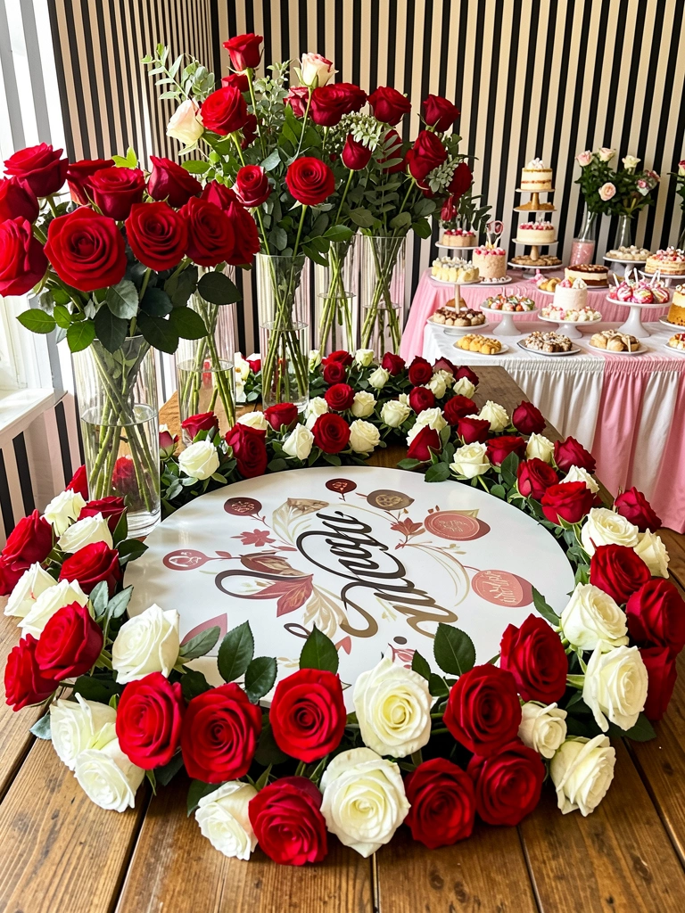 Painel redondo de sublimação sobre mesa de madeira, cercado por rosas vermelhas e brancas em vasos altos; luz natural destaca texturas.
