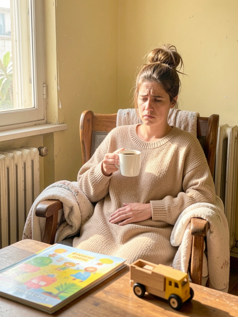 Mulher com coque bagunçado e expressão cansada segura caneca de cerâmica branca em poltrona de madeira, manta de bebê sobre o braço da poltrona, mesa de madeira com livro infantil e brinquedos, luz natural entrando pela janela.