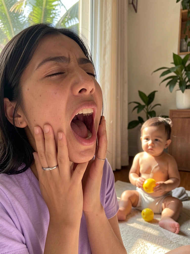 Mulher de cabelo escuro e blusa lilás bocejando, com bebê no chão segurando brinquedo amarelo, luz natural suave de janela.