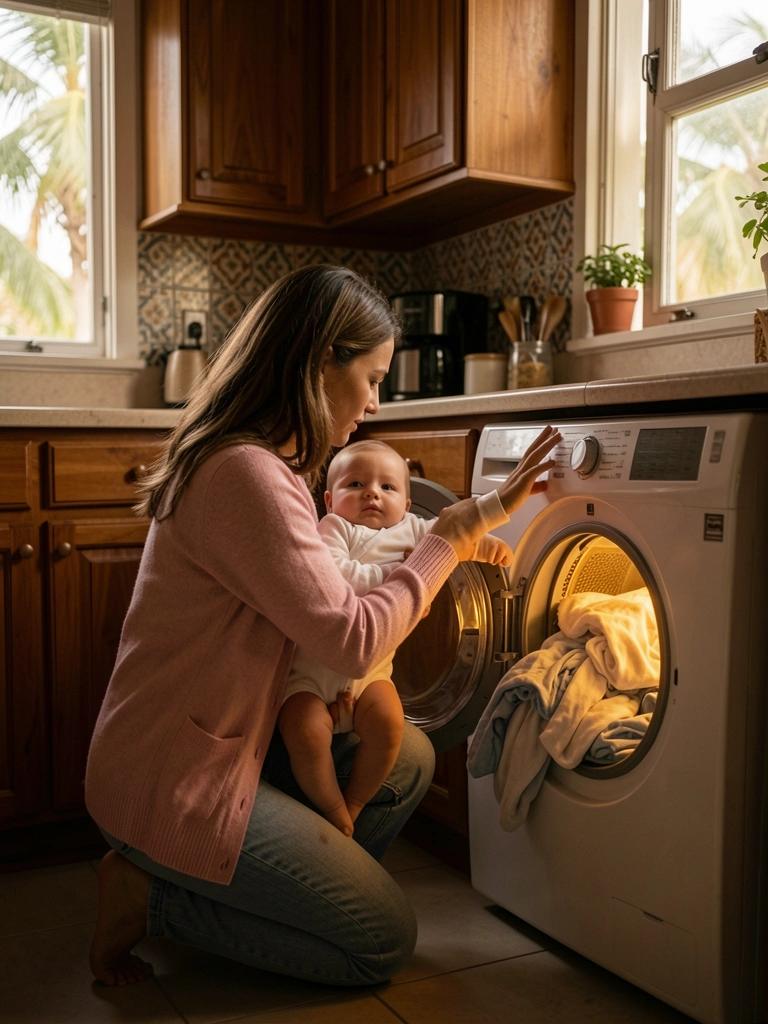 Mulher de cardigan rosa e jeans ajoelhada segurando bebê de macacão branco em cozinha com armários de madeira e lava-louças aceso.