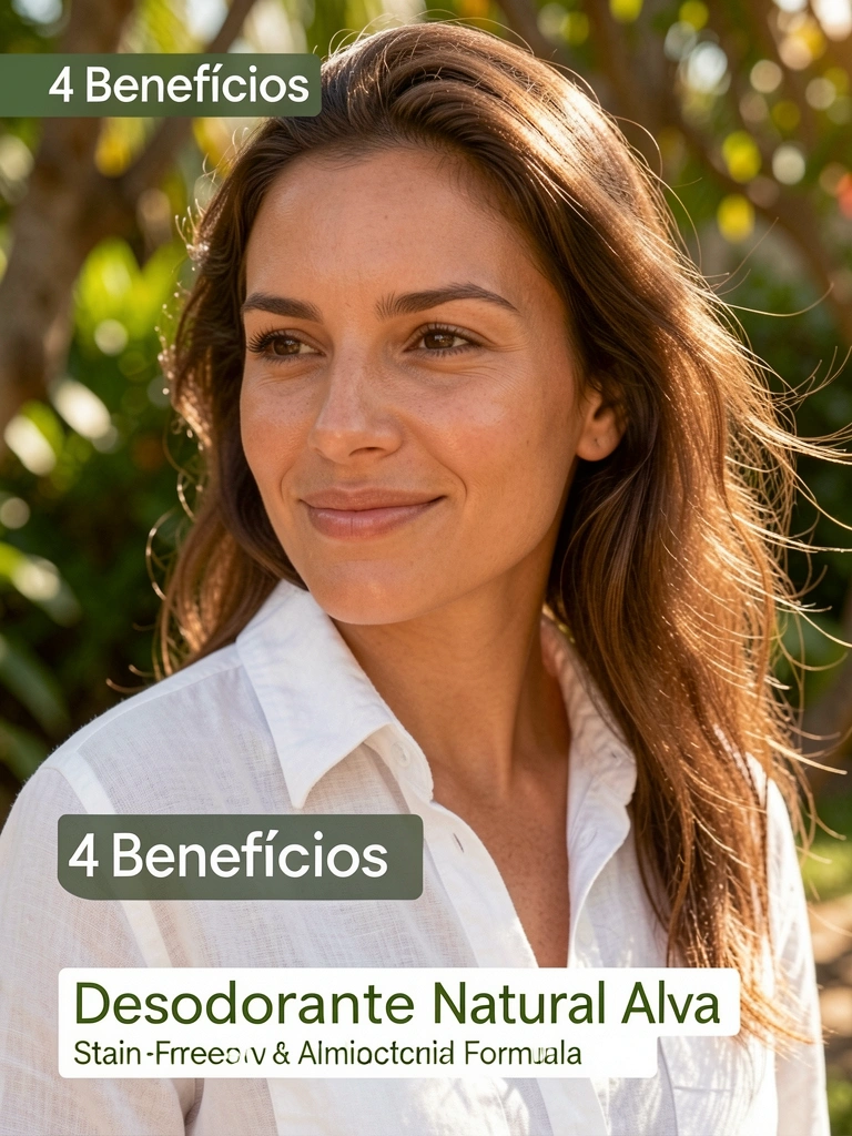 Close-up de mulher com camisa de linho branca, cabelo ao vento, pele radiante, luz filtrada por folhagens verdes ao fundo.