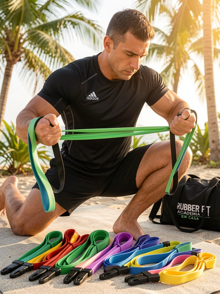 Homem musculoso em camiseta preta Adidas puxa faixa elástica verde, com faixas coloridas e pesos (10-50 lbs) espalhadas, sacola preta ao fundo, luz natural.