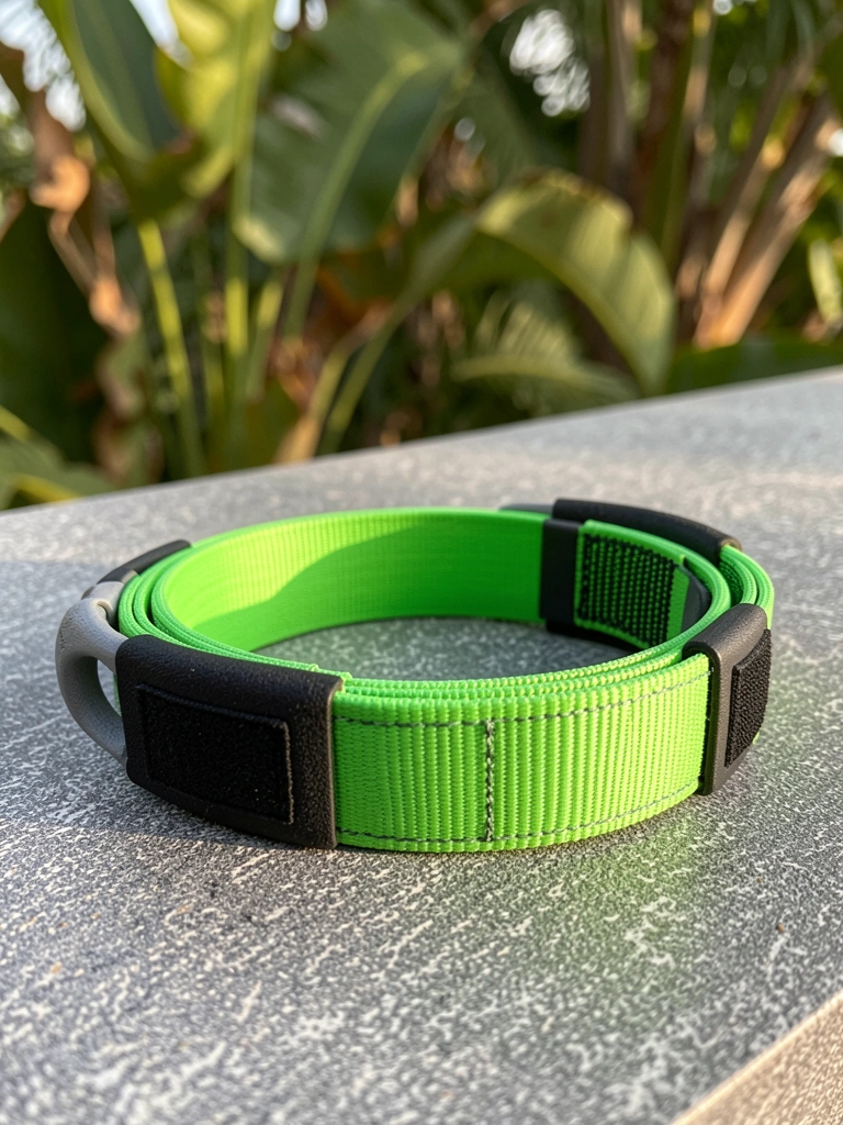 Banda de resistência verde-neon com alças pretas sobre superfície texturizada cinza, luz natural difusa e folhagem tropical ao fundo.