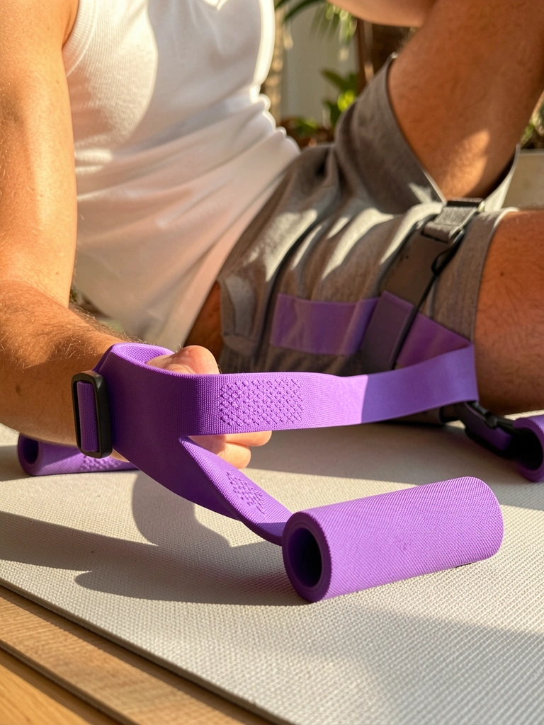 Faixa de resistência roxa com alças texturizadas sobre tapete de yoga cinza claro, pernas masculinas de calção cinza e regata branca, luz natural suave.