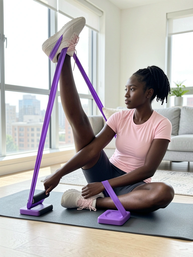 Jovem negra em camiseta rosa claro alonga perna com faixa de resistência roxa sobre tapete de yoga, sala iluminada com janelão e vista urbana.