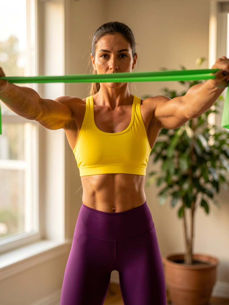 Mulher de top amarelo e calça roxa segurando elástico verde, braços abertos, luz natural de janela, fundo desfocado com vaso de planta.
