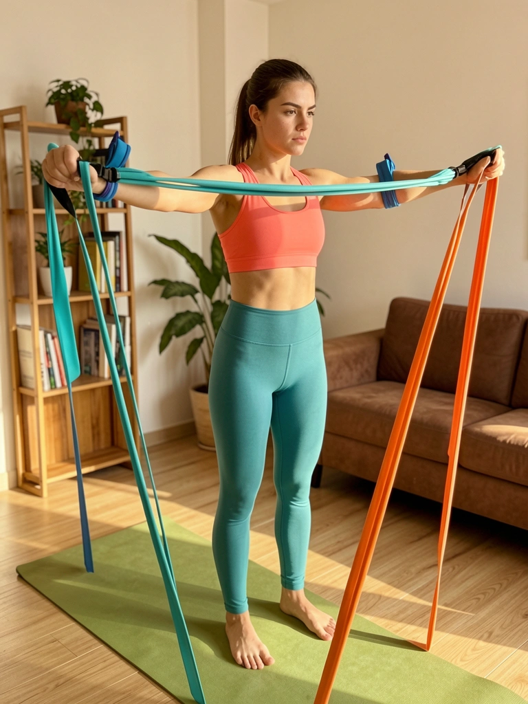 Mulher de top coral e calça verde-água segurando faixas de resistência coloridas sobre tapete verde, estante com vaso ao fundo, luz natural.