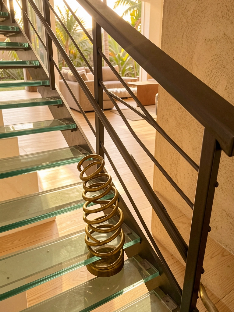 Escada moderna com corrimão de metal escuro e degraus de vidro, iluminada por luz natural difusa; escultura de latão em espiral no primeiro degrau projeta sombras suaves.