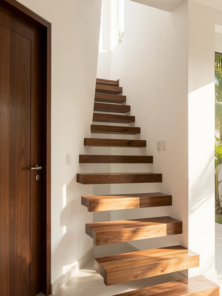 Escada de madeira flutuante em hall branco, com porta marrom escura e luz natural da direita projetando sombras sutis.