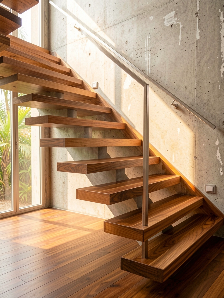 Escada de madeira flutuante com degraus em tom quente e corrimão metálico fino, parede de concreto texturizado e luz solar projetando sombras.