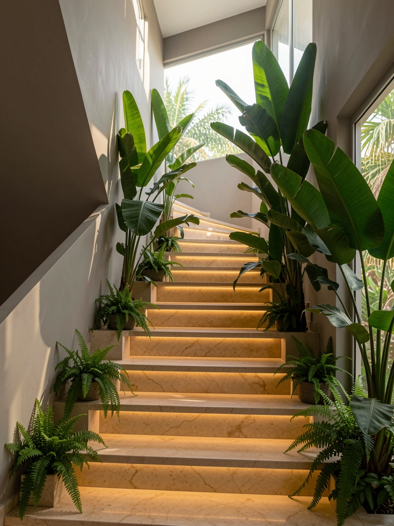 Escada de mármore bege claro com degraus curvos e iluminação LED horizontal, ladeada por plantas tropicais como bananeiras e samambaias; janelas ao fundo refletem área externa.