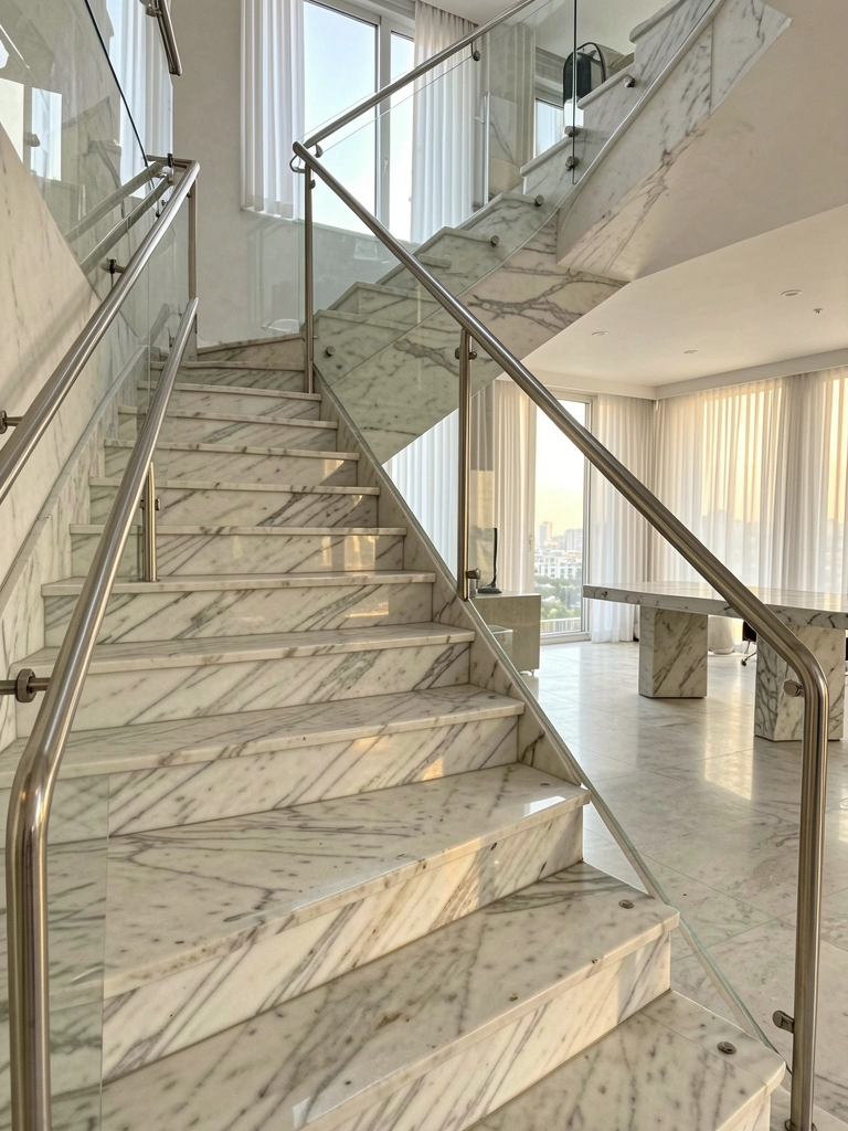 Mármore branco com veios cinza em escadaria ampla, corrimão de aço inoxidável e vidro, luz natural refletindo no piso polido.