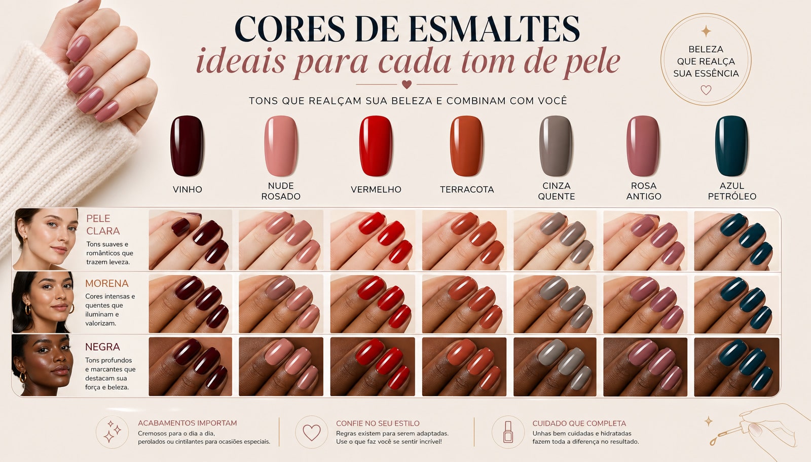 contraste de cores de esmalte e tom de pele