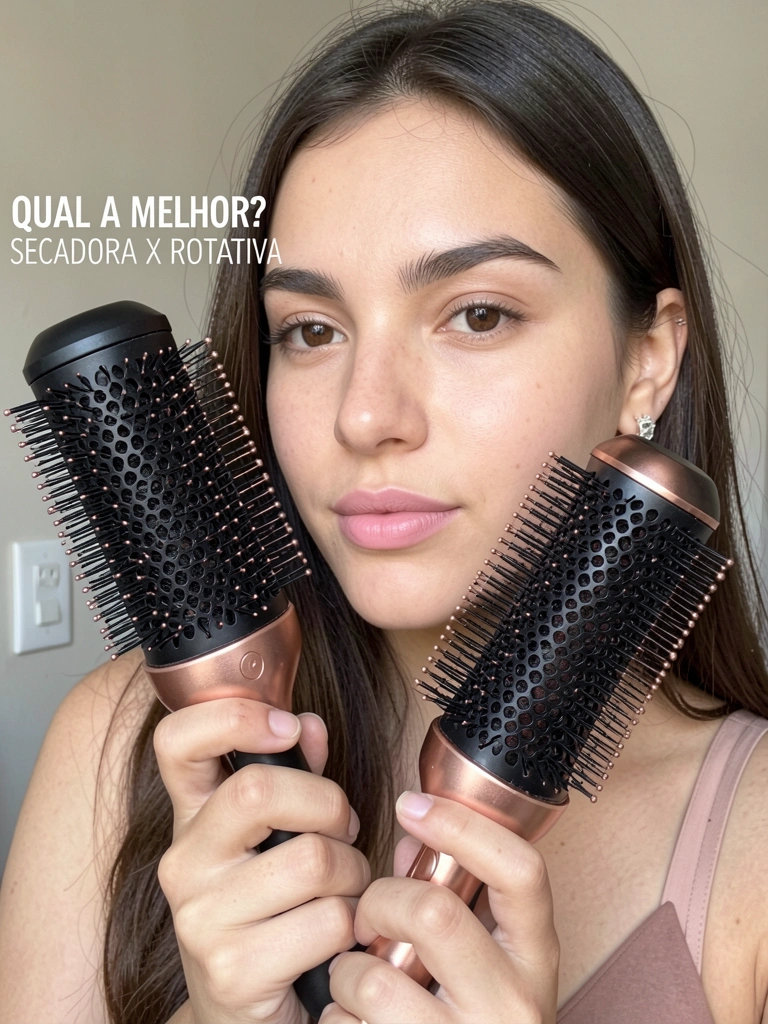 Close-up de mulher segurando duas escovas modeladoras com cerdas giratórias e acabamento rosa metálico, luz natural suave no rosto, fundo neutro desfocado com interruptor.