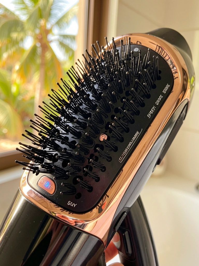 Secador de cabelo preto com detalhes rosê e cerdas densas, luz natural filtrada por janela, fundo de banheiro desfocado.