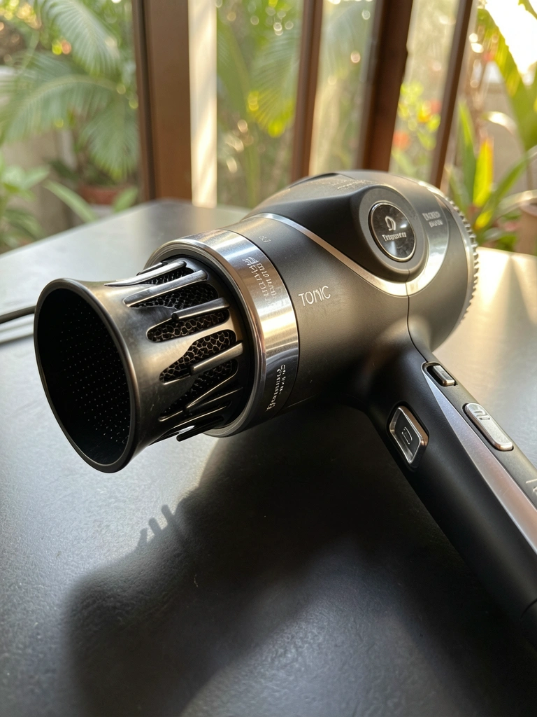 Secador Turbo Ionic 2600 preto e prata com escova giratória, detalhes do bocal e cerdas, luz natural filtrada por janela.