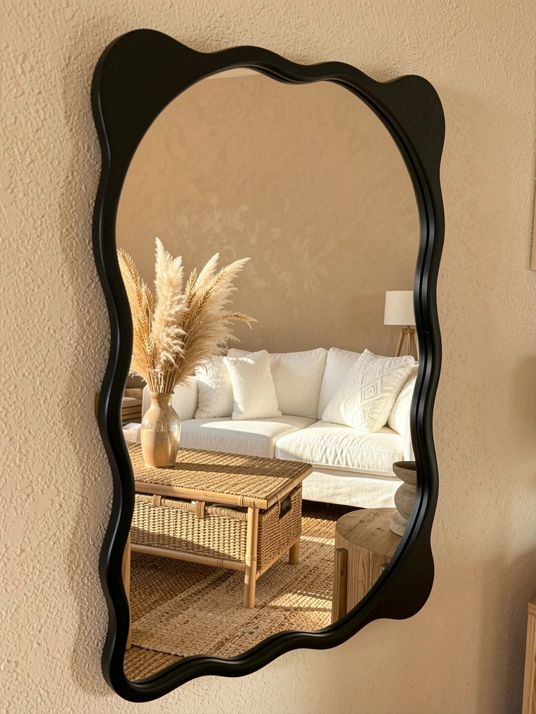 Luz natural incide sobre vaso com pampas secos e trigo em mesa de centro trançada, refletido em espelho preto ondulado que mostra sofá branco com almofada estampada.