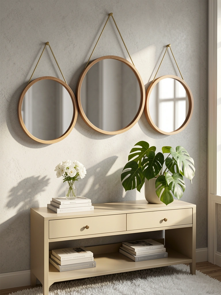 Três espelhos redondos com moldura de madeira pendurados em parede cinza clara, com console bege, livros, vaso de flores e planta Monstera sob luz natural.