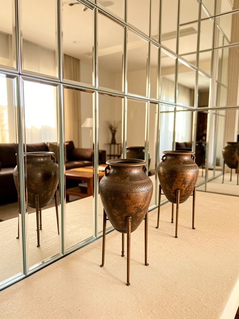 Vasos de bronze com tripé fino sobre superfície texturizada bege, refletidos em parede de espelhos, com luz natural e sofá marrom ao fundo.