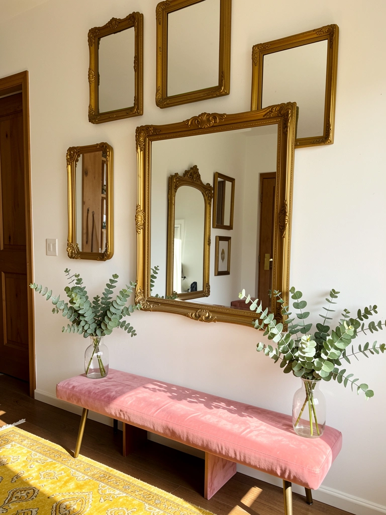 Espelhos dourados de vários tamanhos na parede branca, refletindo-se entre si, com banco de veludo rosa e vasos de eucalipto.