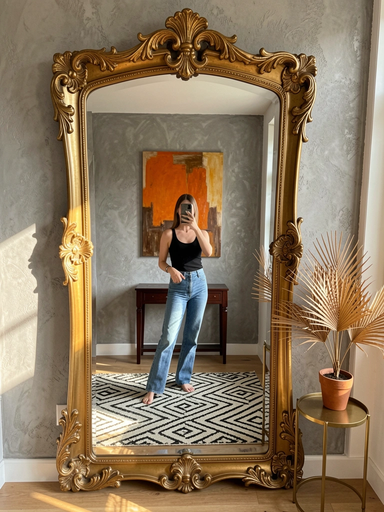 Espelho barroco dourado reflete mulher de preto em pose de selfie, parede texturizada cinza, pintura abstrata laranja e marrom, mesa de madeira escura, tapete geométrico preto e branco, mesa lateral dourada com palma seca, luz natural.