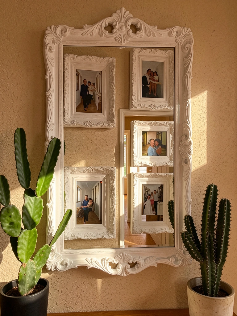 Espelho branco ornamentado com quatro porta-retratos sobre parede bege texturizada, cactos verdes em vasos pretos e luz natural vinda de um corredor ao fundo.