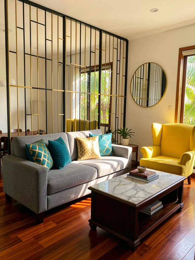 Sofá cinza com almofadas teal e douradas, poltrona amarela, mesa de centro de mármore e biombo preto e dourado, luz natural filtrada.