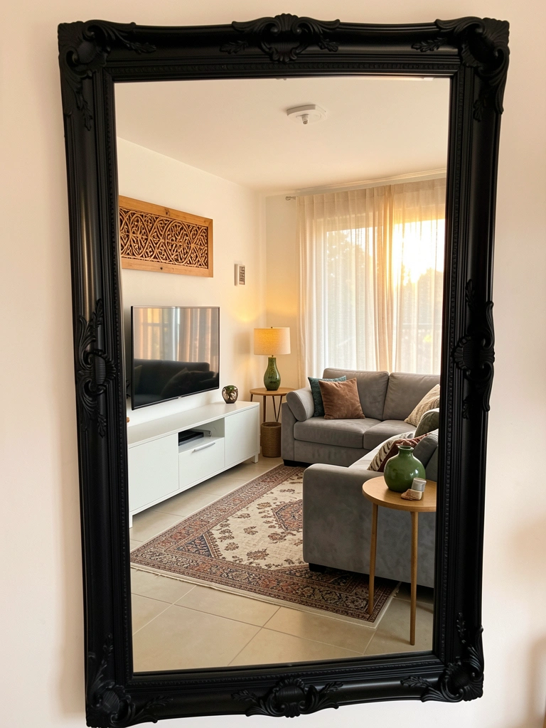 Espelho preto ornamentado reflete sofá cinza, TV em móvel branco e vaso verde; luz natural filtra por cortinas.